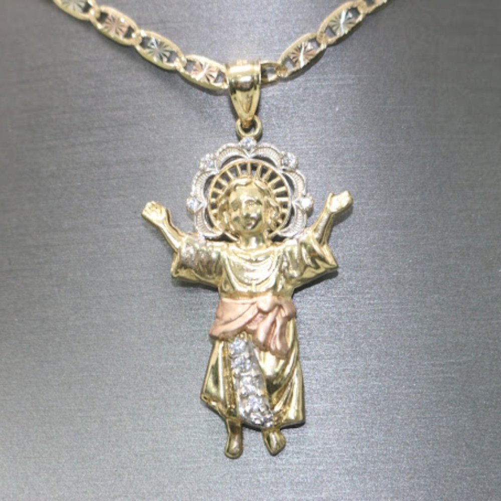 14kt Tri-tone Baby Jesus White Sapphire Pendant with 14kt Tri-tone Trace Chain